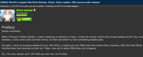 Hackforums post: Anna-senpai releases Mirai source