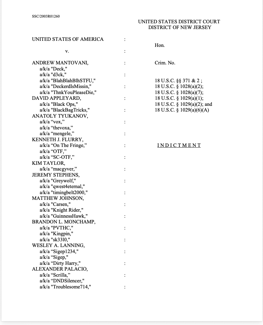 The first page of the Operation Firewall indictment, United States v. Mantovani et al., District of New Jersey, October 2004