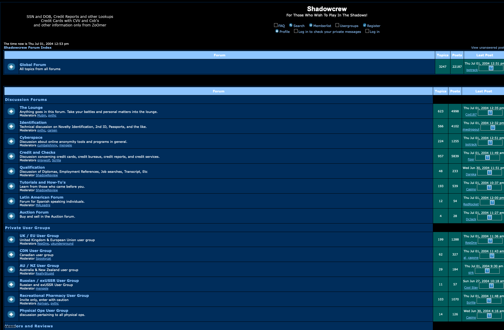 The ShadowCrew forum index as archived in July 2004