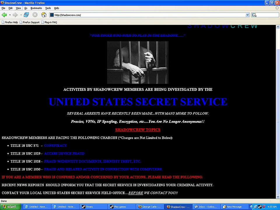 The ShadowCrew forum as captured on November 2nd, 2004, a week after the takedown