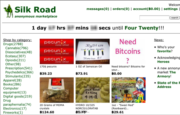 The Silk Road marketplace homepage in 2013, with the camel logo, product categories down the left side and listings priced in Bitcoin